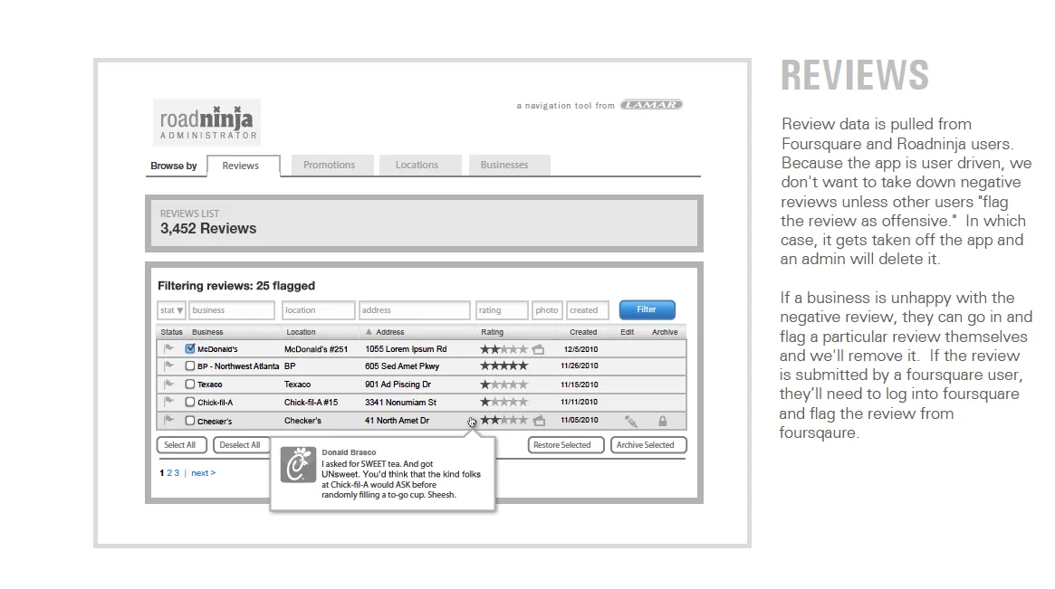 RoadNinja Reviews Admin platform showing content moderation dashboard with review filtering, business listings, and flagged review management