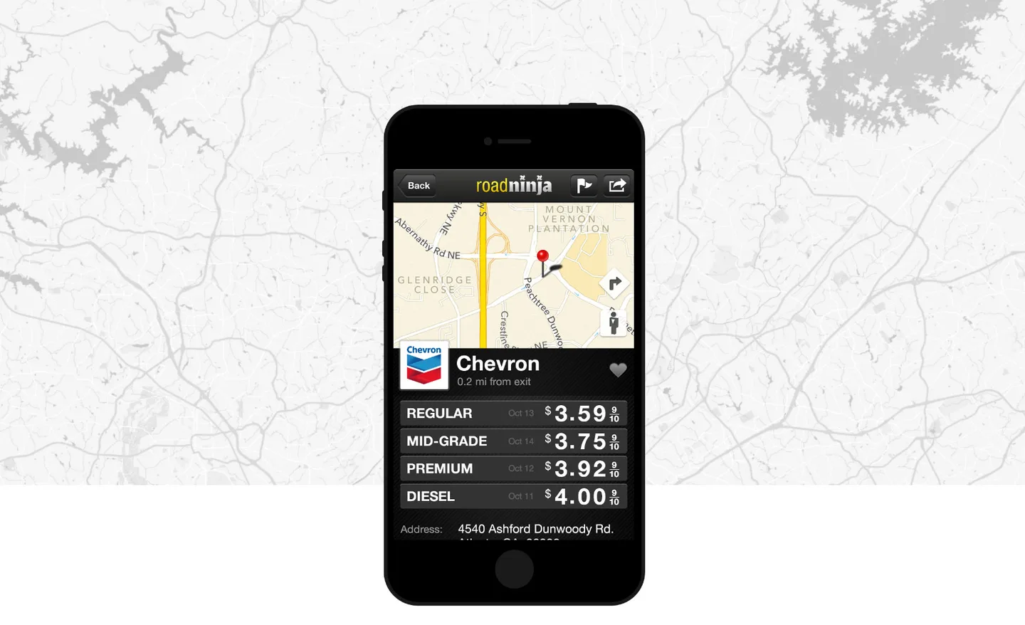 RoadNinja iOS app showing Chevron gas prices on a map background