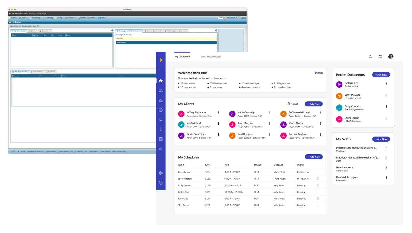 Side-by-side comparison of the original Sandata interface and the modernized redesign showing dramatic visual improvement