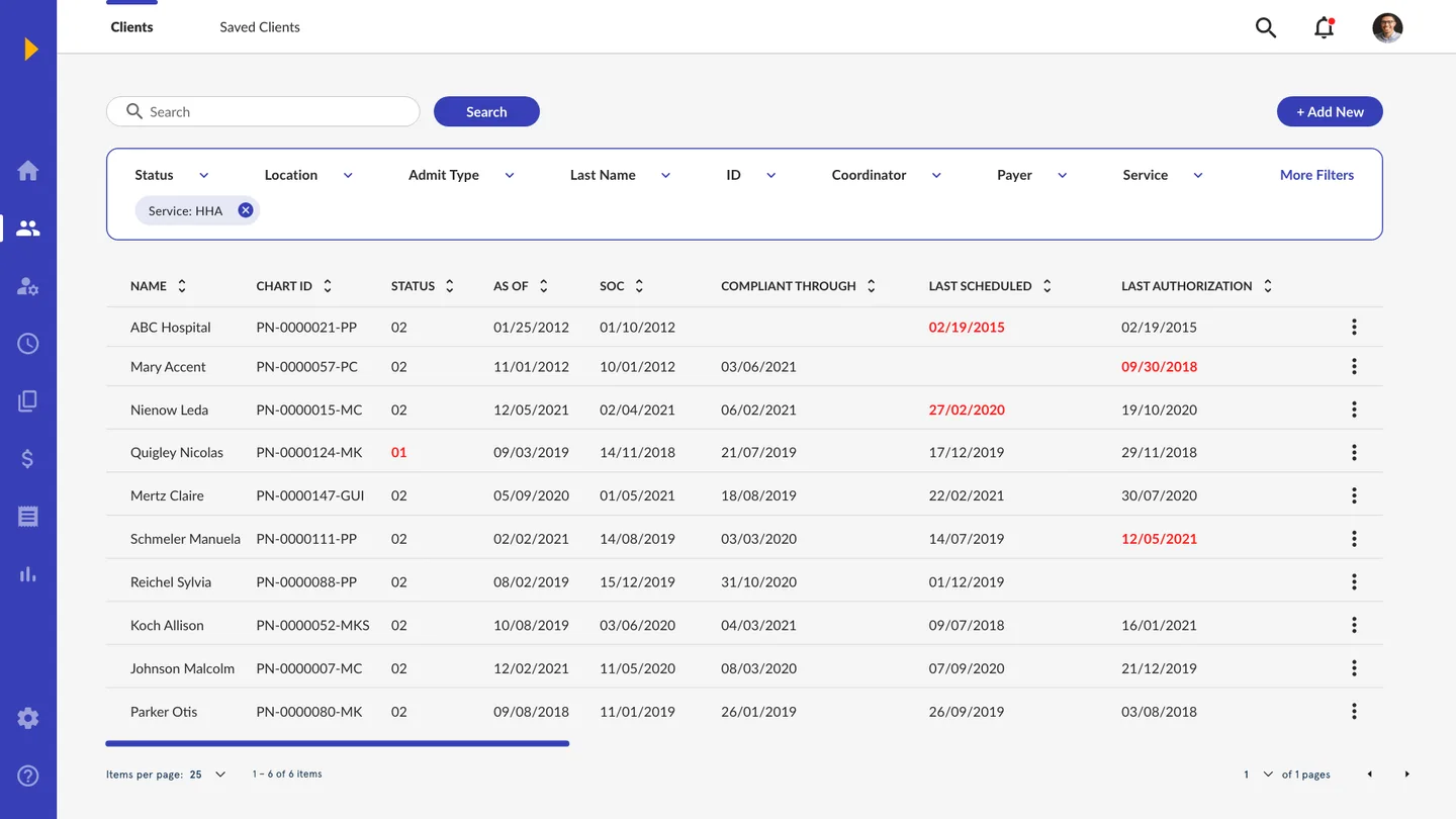 Redesigned client search with filterable data table, status filters, and clean column layout