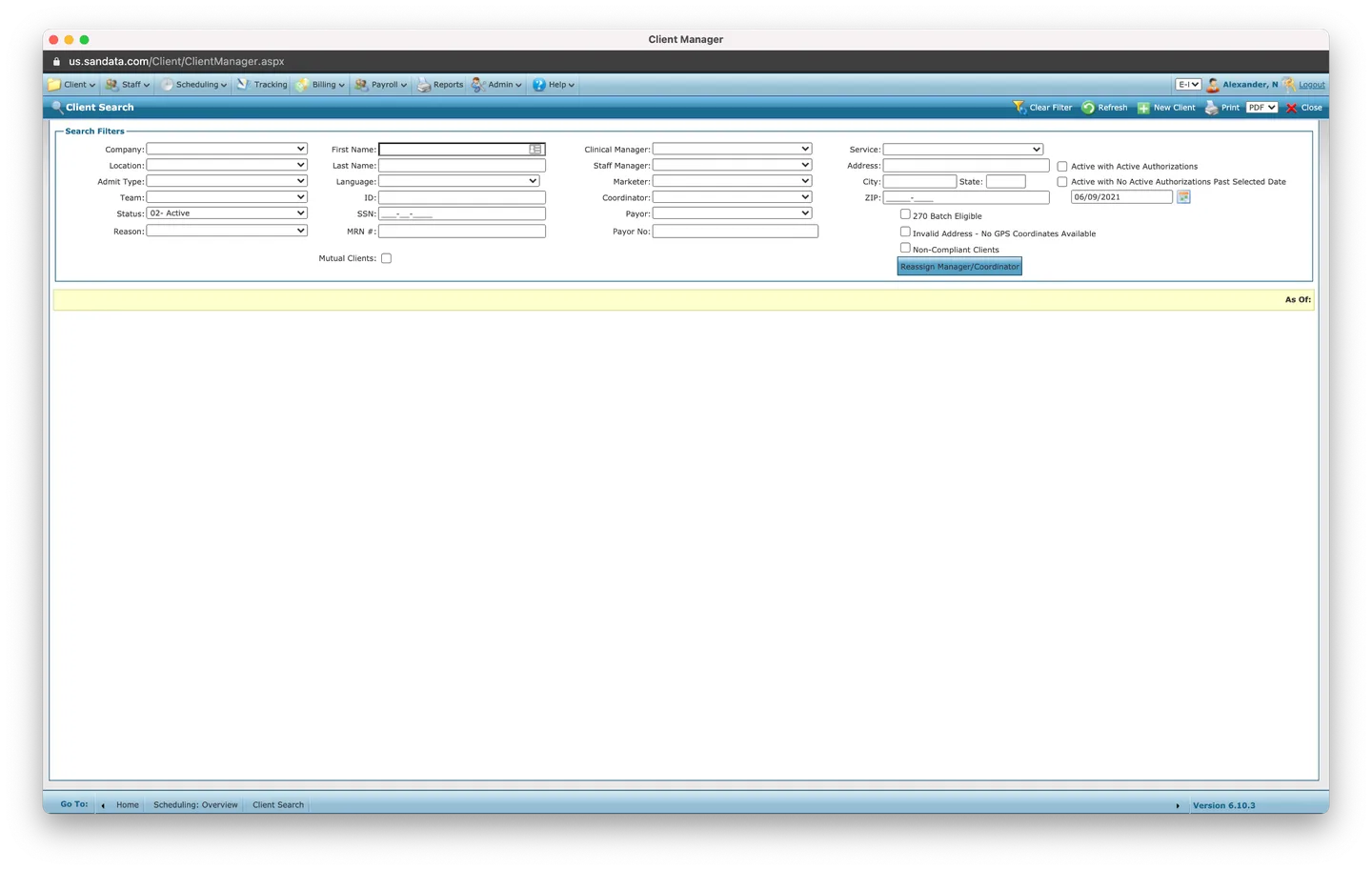 Original SAM client search with 20+ form fields, dense layout, and no results visible