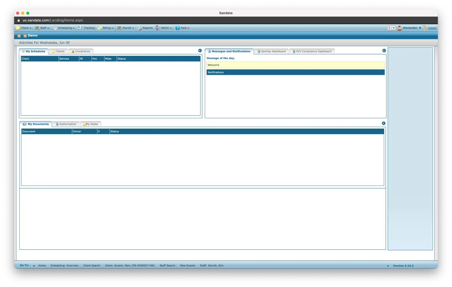 Original SAM dashboard with empty schedule, messages, and documents panels in outdated blue interface