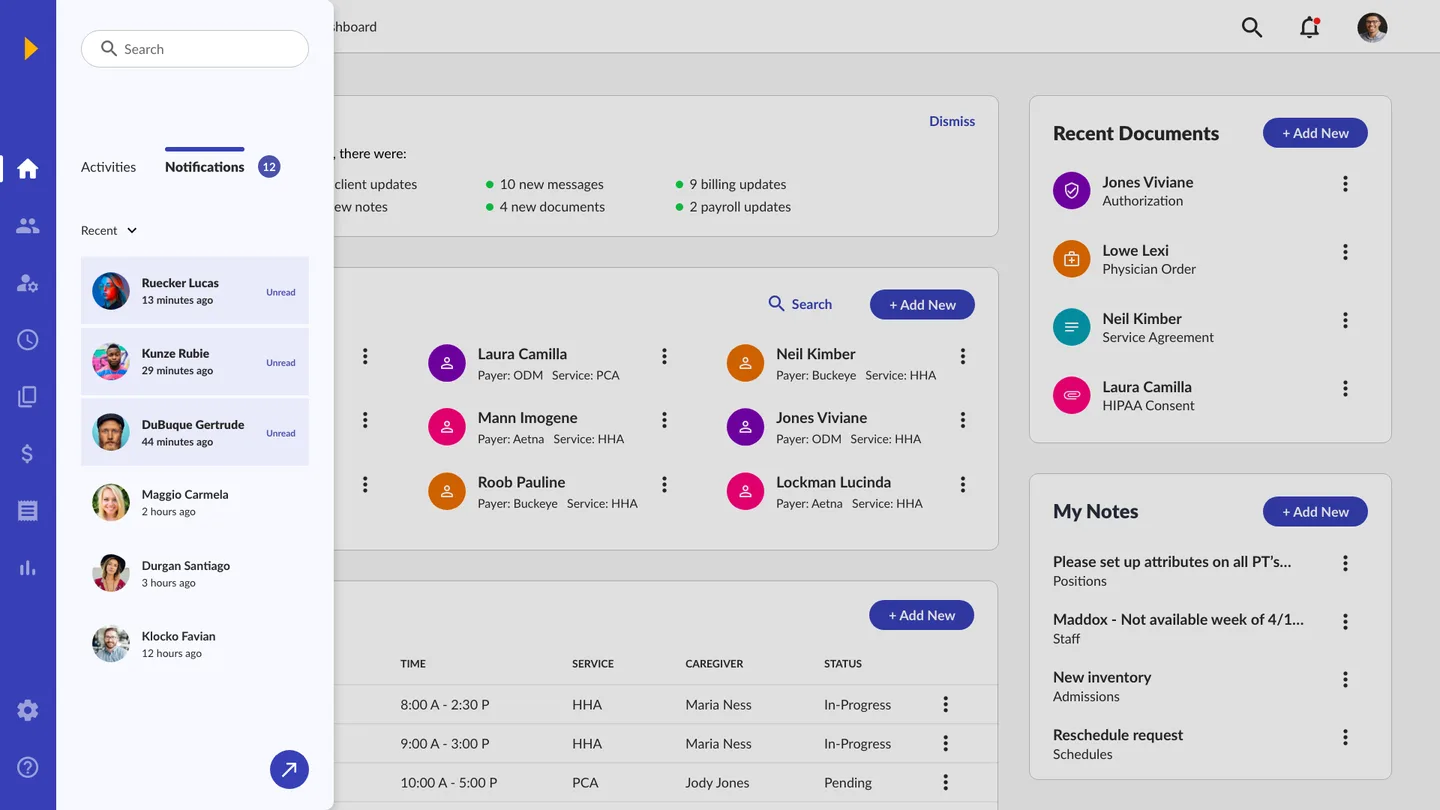 Redesigned dashboard with notification panel open showing activity feed with user avatars and timestamps