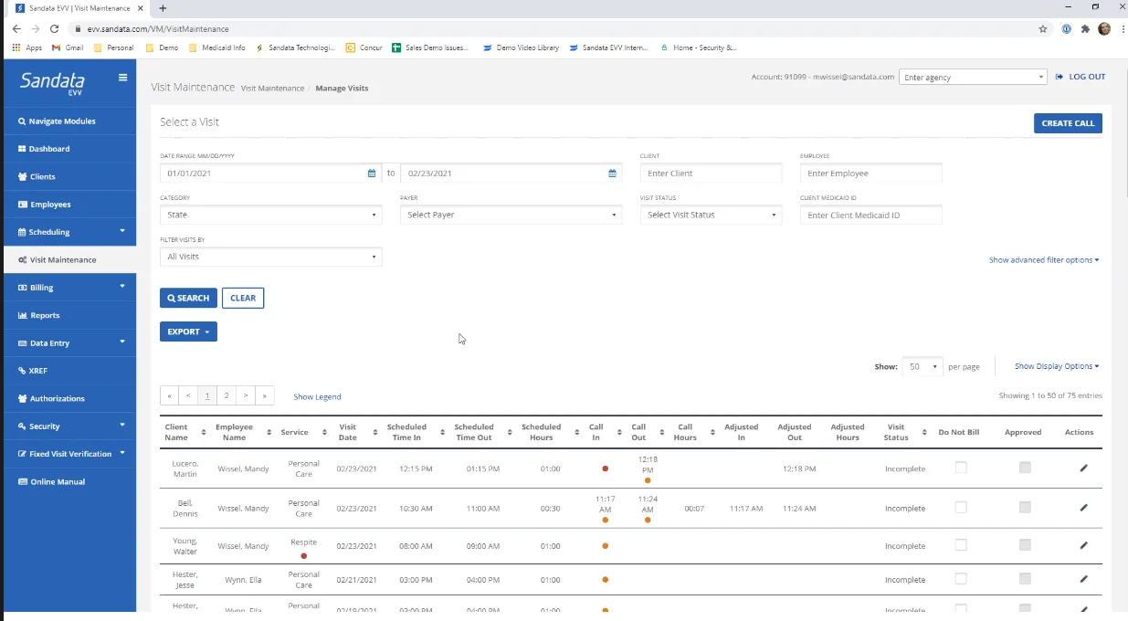 EVV interface showing visit maintenance screen with data tables and blue sidebar navigation