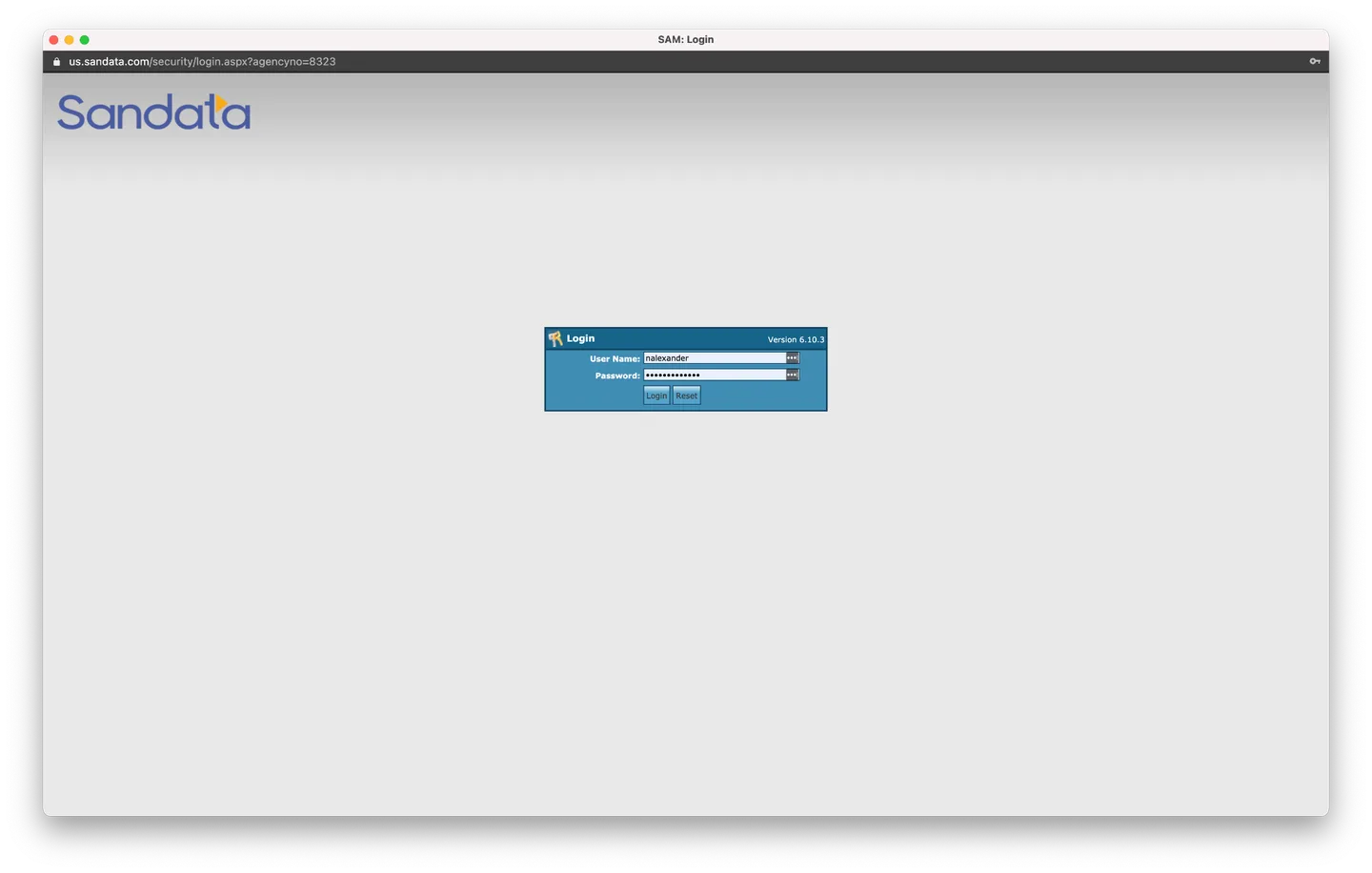 Original SAM login screen with minimal styling, small form centered on a bare white page