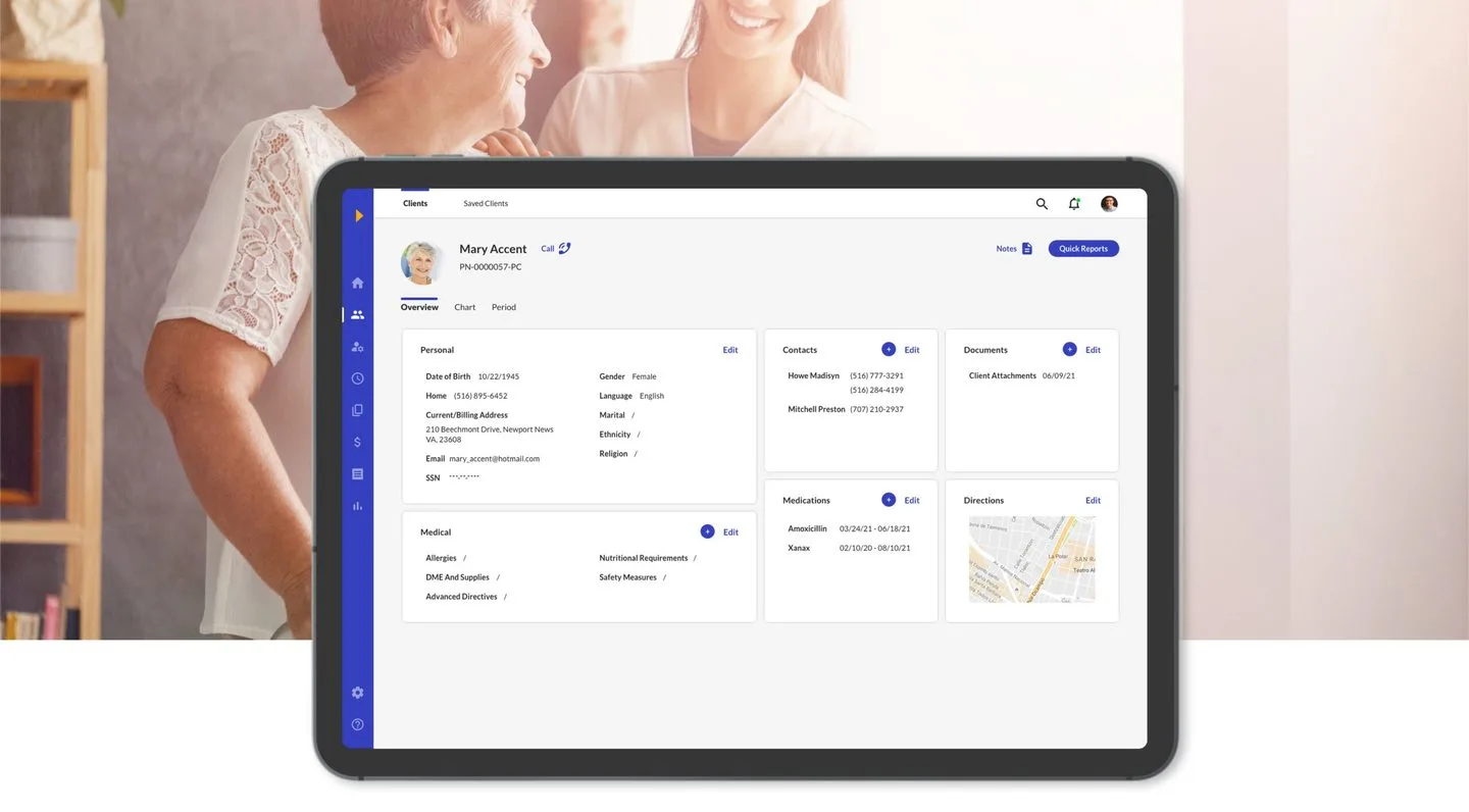 Sandata patient profile displayed on tablet device showing the modern redesigned interface with clean typography and card-based layout