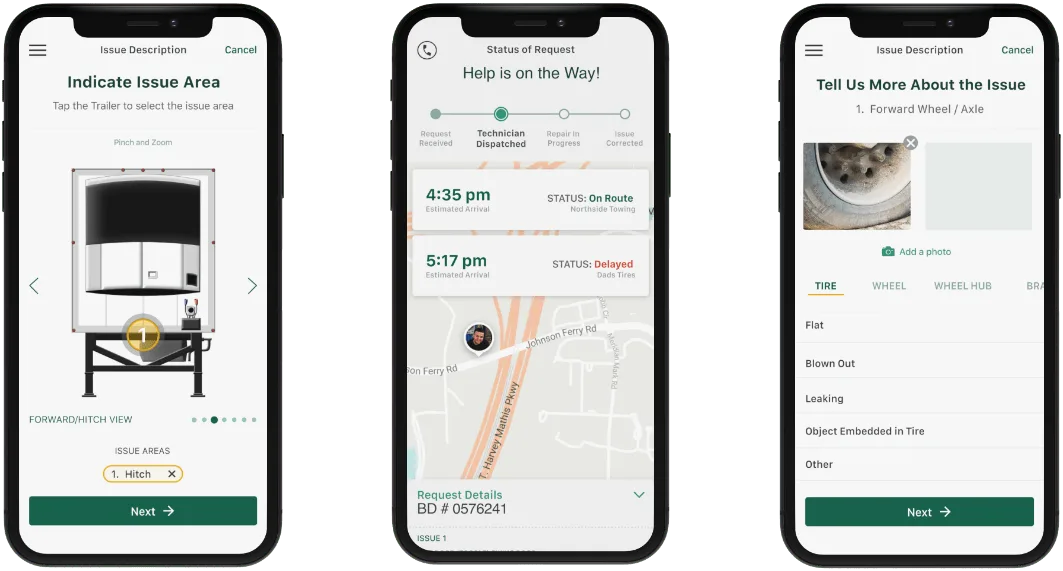 StarCare Breakdown Service app screens — Issue Area selector, real-time technician ETA tracking, and issue detail capture