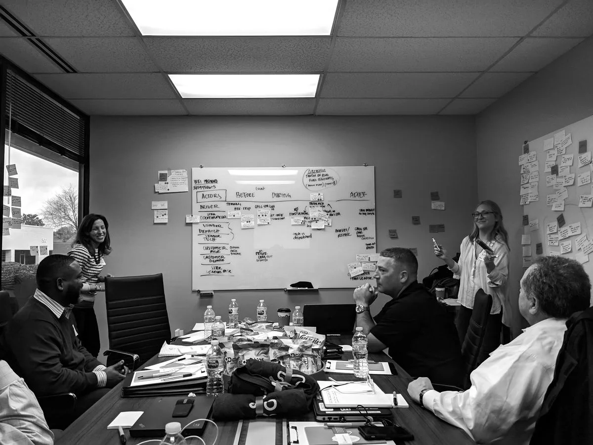 Design Sprint workshop - whiteboard mapping and team discussion