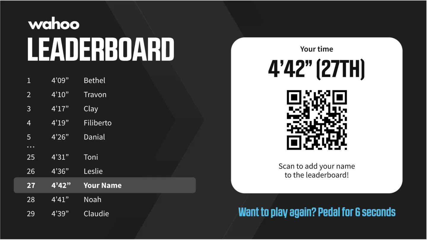 Wahoo KICKR Experience leaderboard with QR code for lead capture