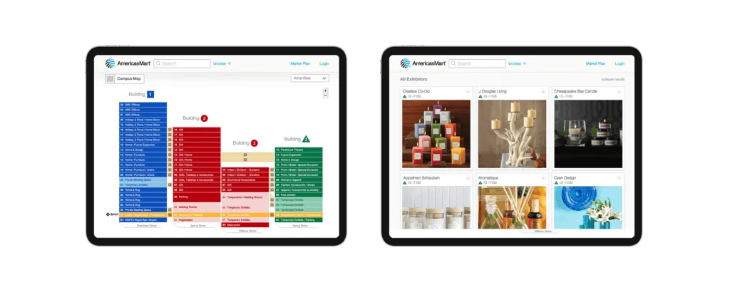 AmericasMart iPad tablet views showing exhibitor search and campus navigation