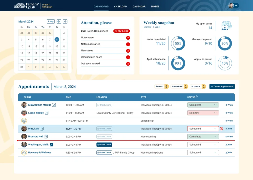 UpLift Tracker coach dashboard showing calendar, appointments, and weekly snapshot