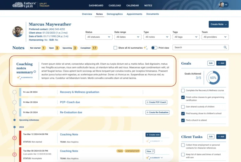 AI-enhanced assessment summarization showing client progress over time