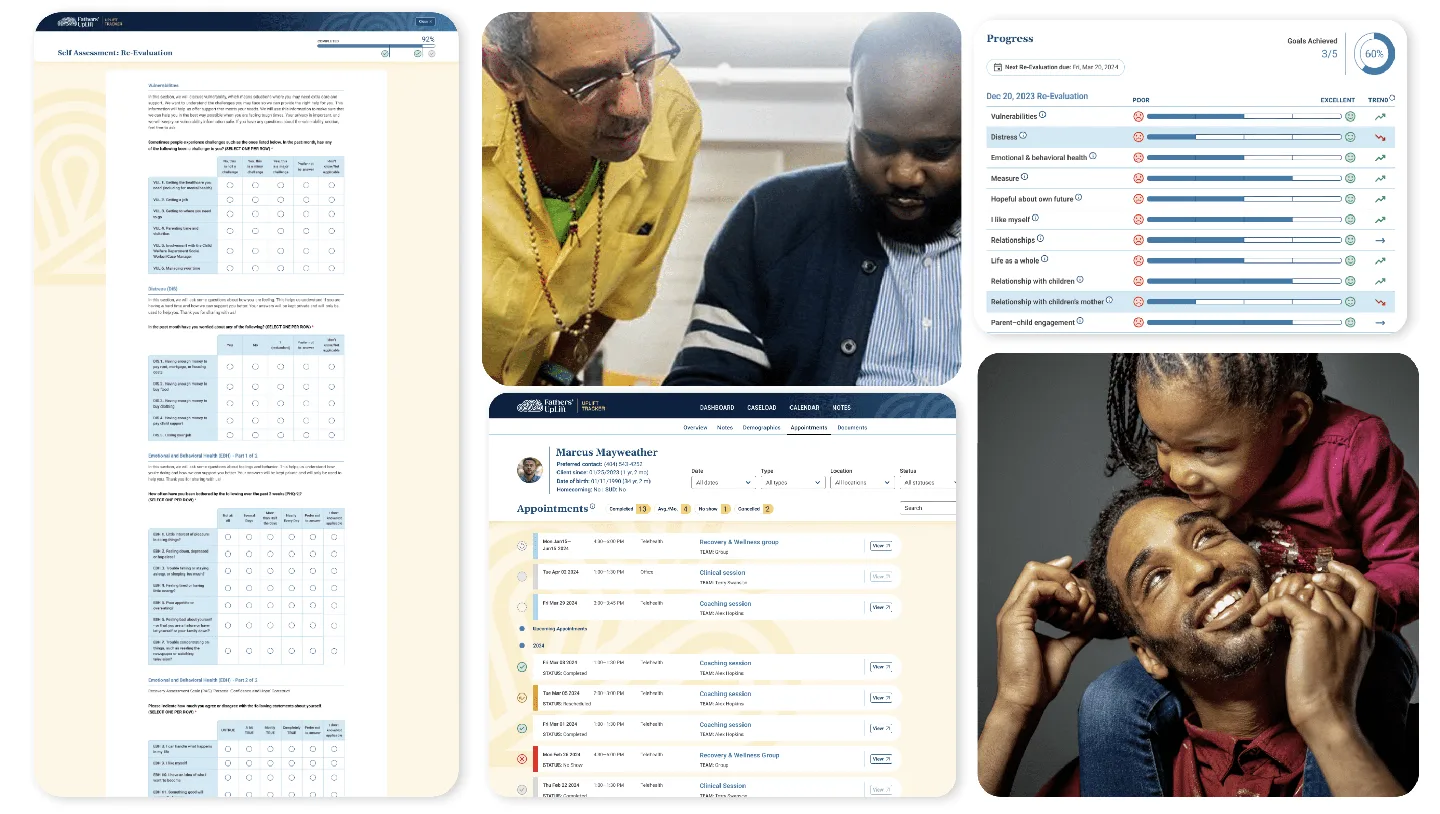 UpLift Tracker platform screens showing dashboard, caseload, calendar, and assessment views