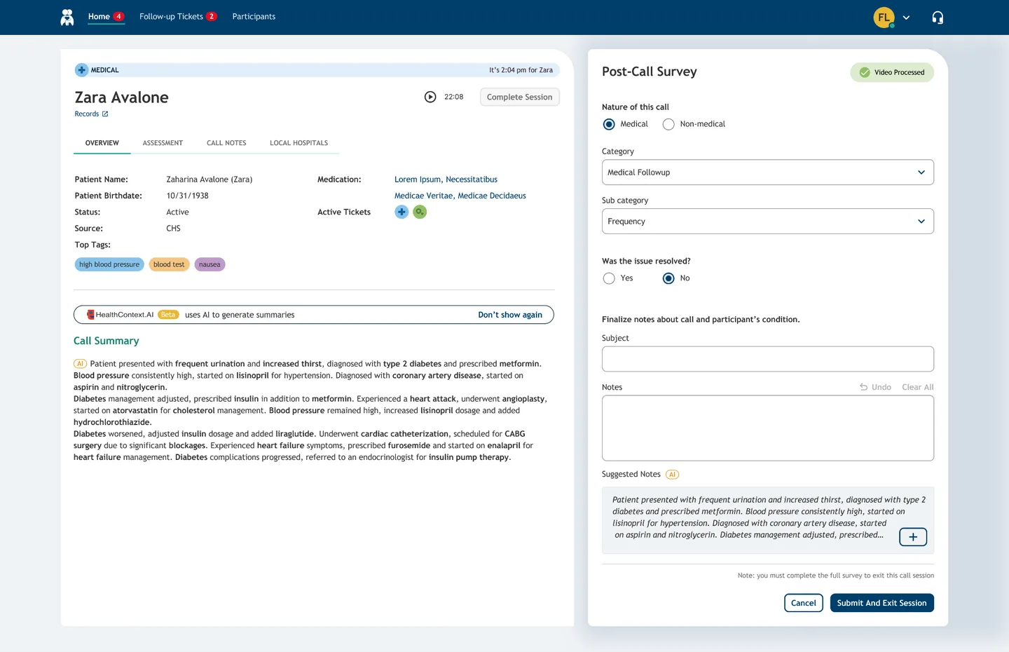 NeverAlone — Complete Session view with AI-generated call summary