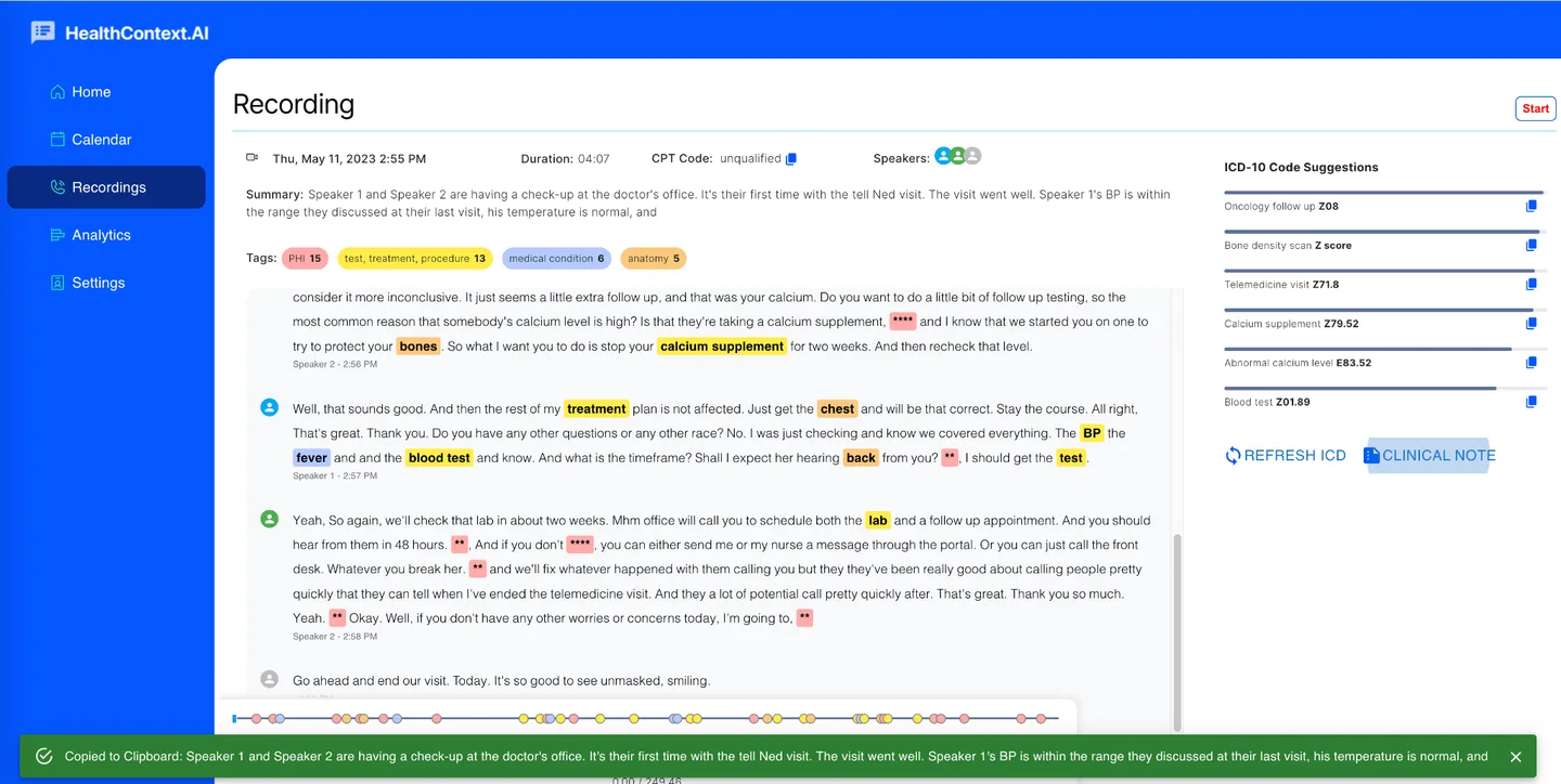 HealthContext.AI recording detail — highlighted medical terms with ICD-10 code mapping