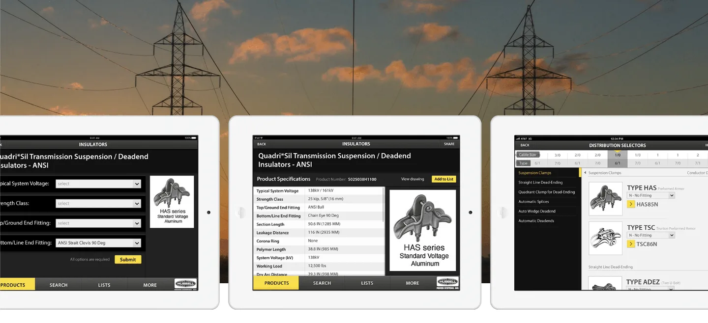 HPS Select app running on tablets showing multiple product views