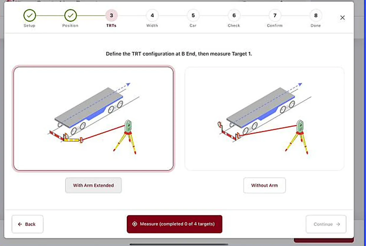 Rebuilt Leica Geosystems Safeload app on iPad — a guided, light-background measurement wizard with redesigned rail-car reference diagrams