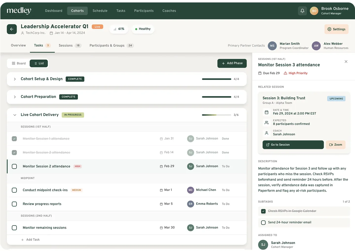 The cohort task list generated from the launch playbook, with a task detail panel