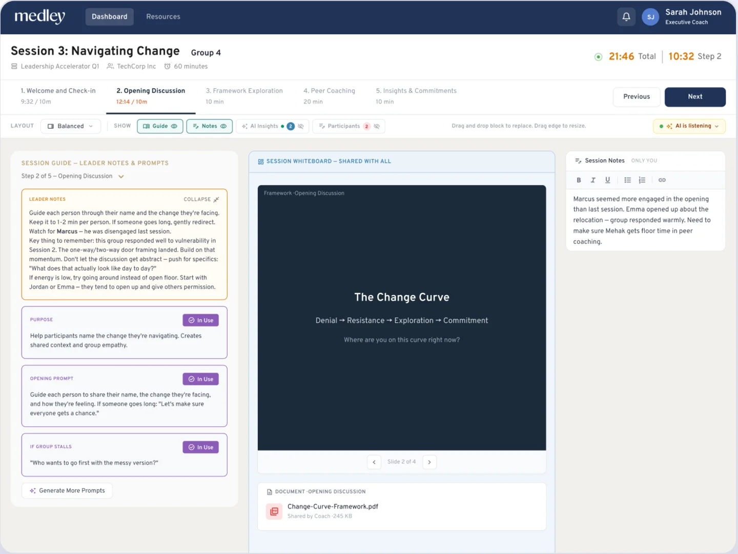 SGOS coach workspace in a live session: leader notes and AI-suggested prompts, the shared whiteboard, private session notes, and the AI listening indicator