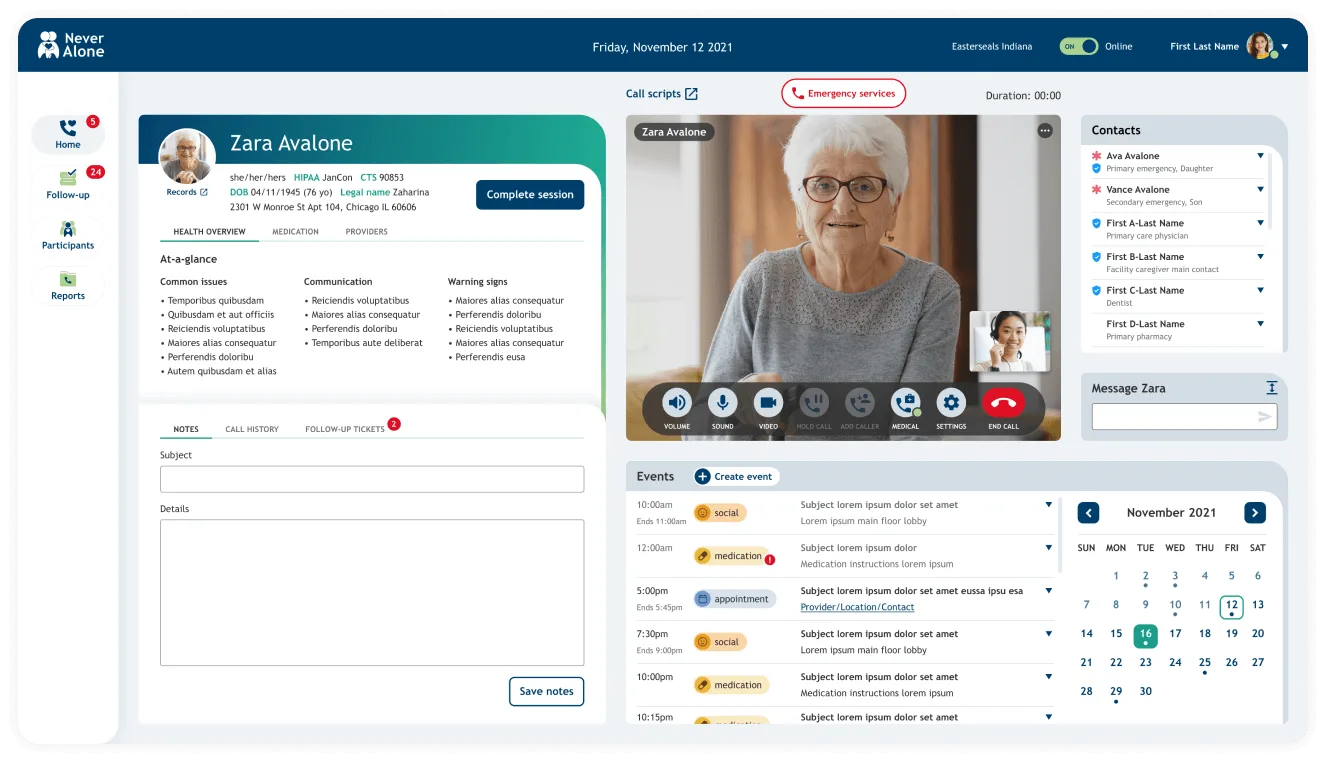 NeverAlone care partner call portal showing live video, patient health overview, contacts, events calendar, and SBAR documentation