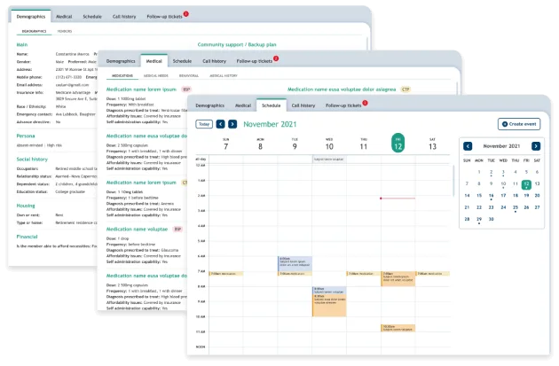 NeverAlone care management platform showing participant demographics, medical records, appointment scheduling, and event calendar views
