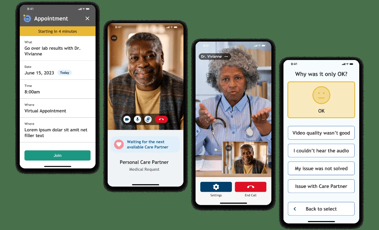 NeverAlone mobile app showing appointment details, video call connection, and post-call feedback screens