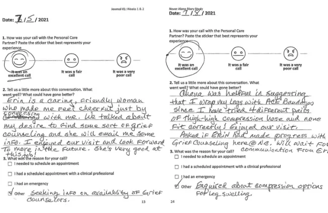 Diary study daily log booklet used by NeverAlone research participants