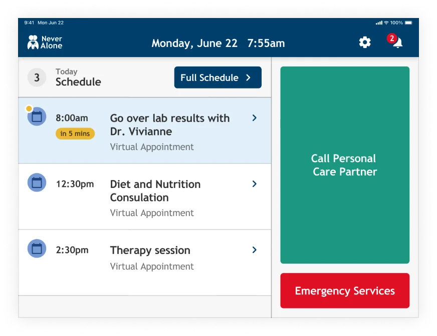 NeverAlone senior tablet interface showing daily schedule and one-tap care partner call button