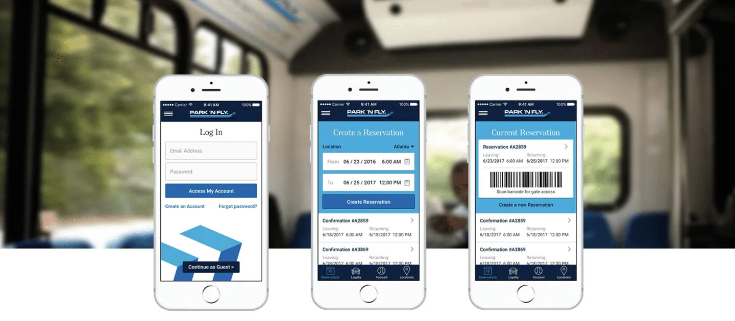 Park 'N Fly mobile app screens showing the full reservation, gate access, and account experience