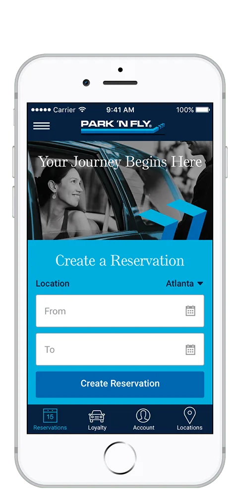 Park 'N Fly mobile app home screen showing active reservation and parking features