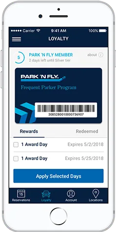Park 'N Fly Frequent Parker Card showing loyalty tier, points balance, and reward status