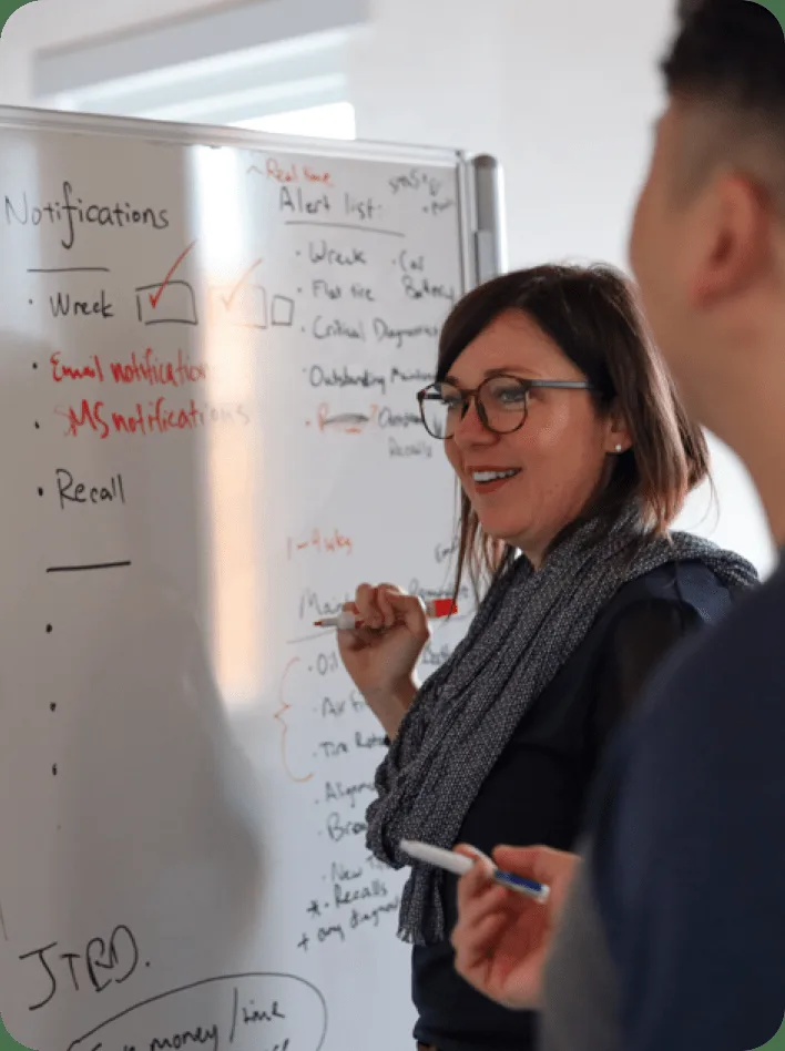 Team members at whiteboard planning the Duke platform