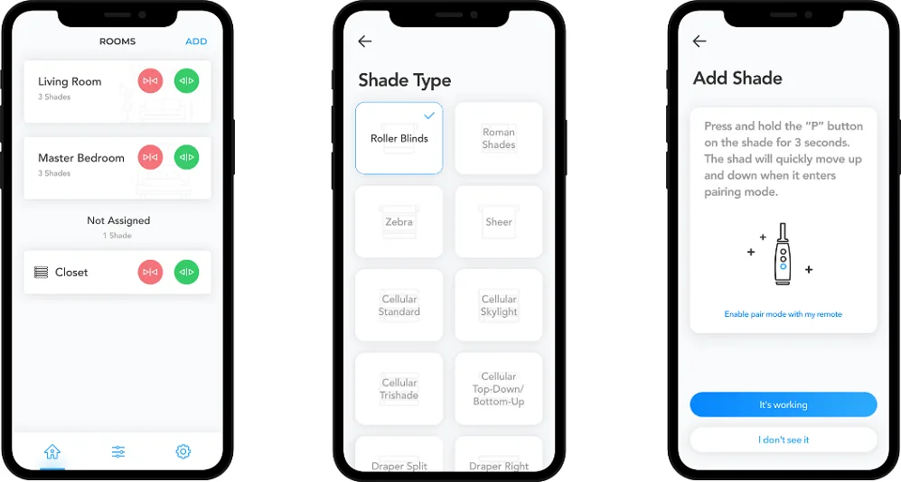 ShadeHub app screens showing scene creation, preset configurations, and brand customization options