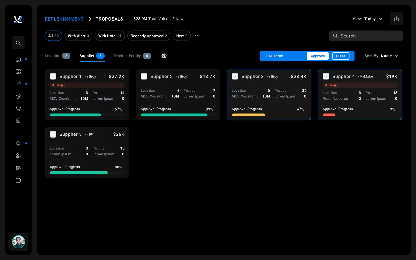 SO99+ proposals view with supplier cards and approval progress
