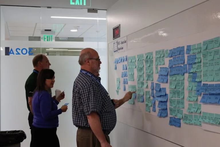 INPO stakeholders reviewing story mapping wall during discovery workshop