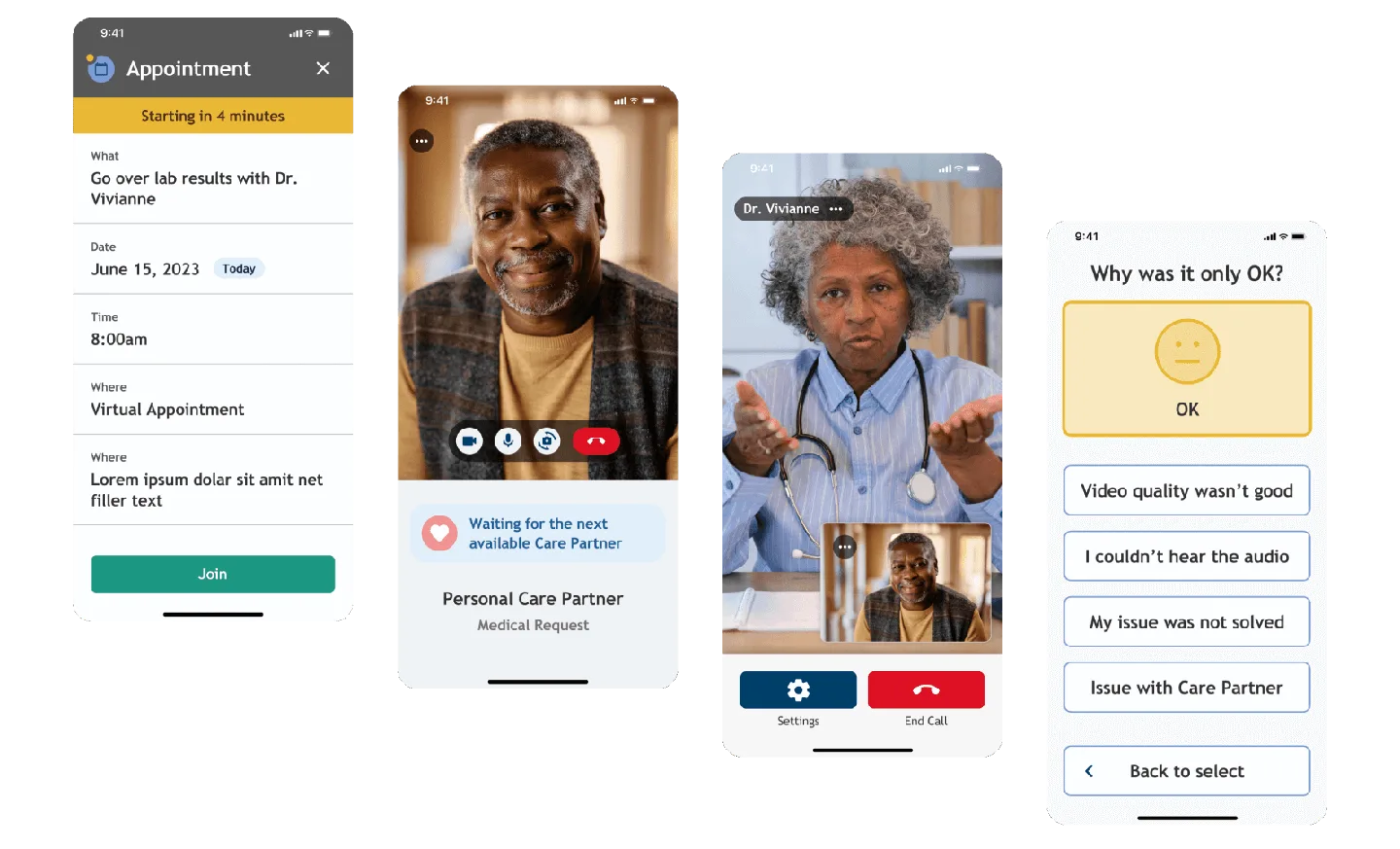 Mobile app screens from Digital Scientists projects — appointment scheduling, telehealth video, and patient feedback