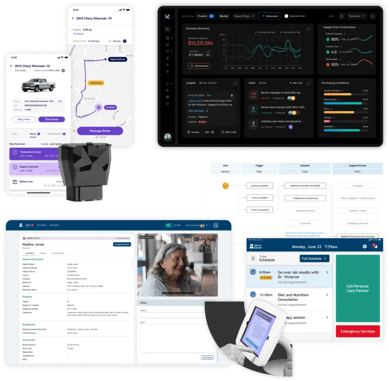 A collage of various software application screens
