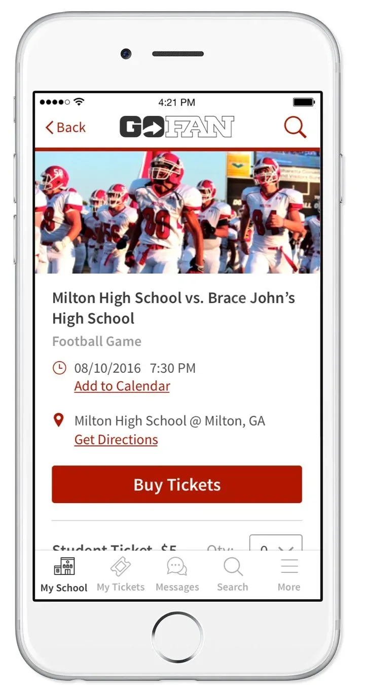 GoFan ticketing app — football game, Buy Tickets