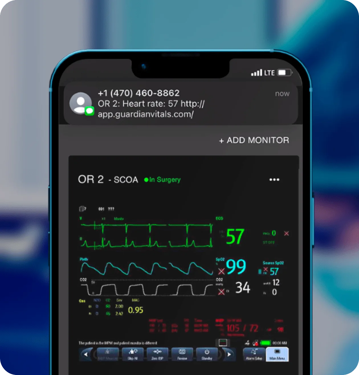 Guardian app — live OR vital signs and heart-rate alerts streaming from clinical monitors via Bluetooth