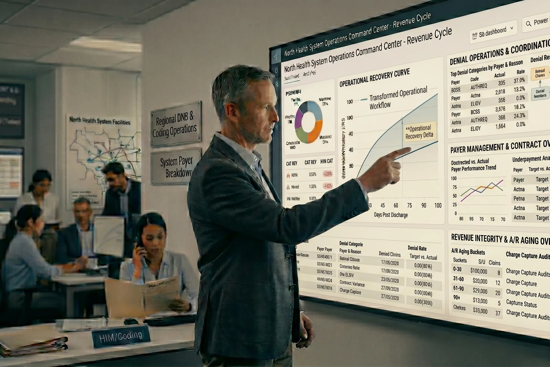Hospital revenue-cycle leader briefing analysts at a Revenue Cycle Operations Command Center, with denial operations, payer management, and A/R aging dashboards on screen.
