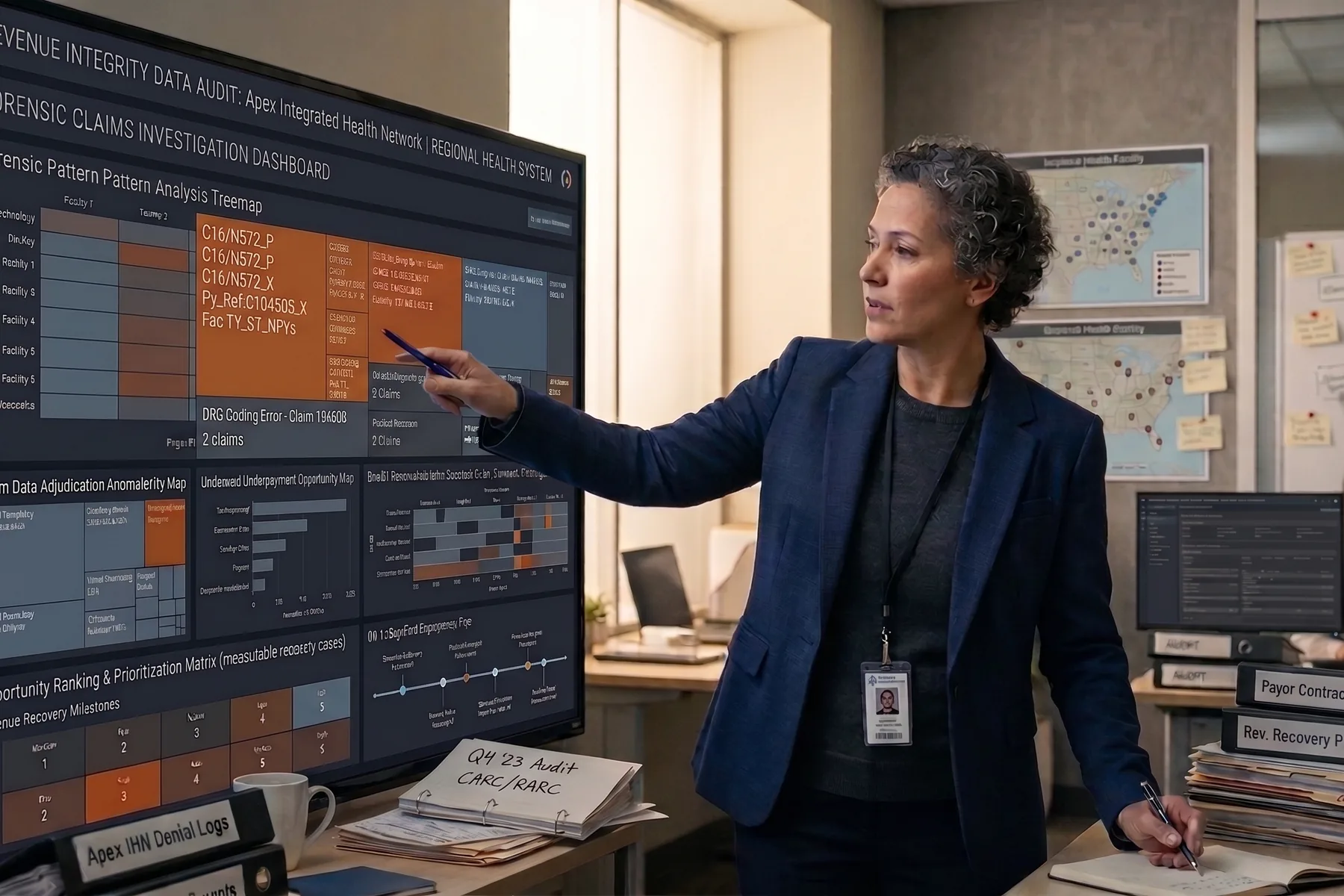 A hospital revenue cycle director and a data analyst reviewing a printed Revenue Cycle Health Scorecard, with a denial taxonomy heatmap and Pareto chart on monitors behind them.