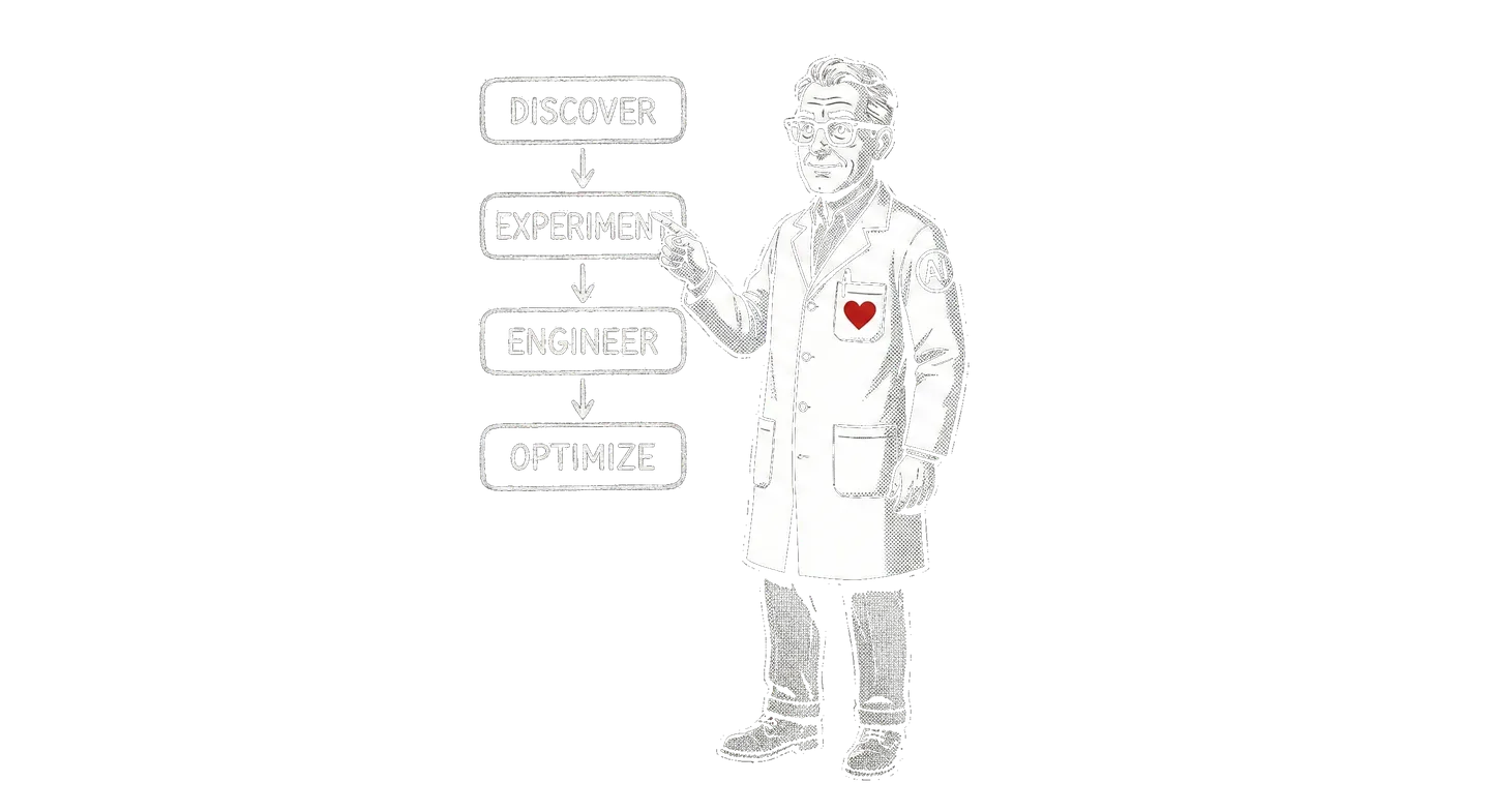 Digital Scientist character pointing at the Discover, Experiment, Engineer, Optimize workflow