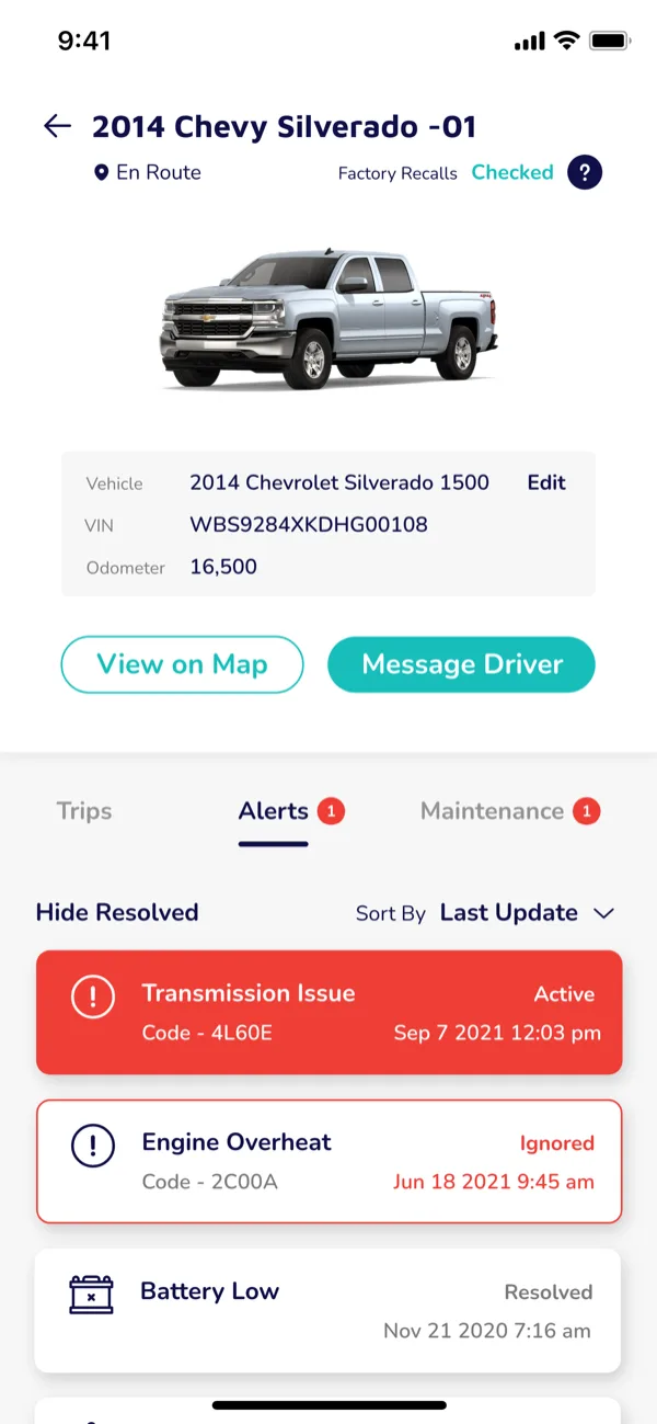 Kayo fleet tracking app on a phone, showing live vehicle location and engine alerts