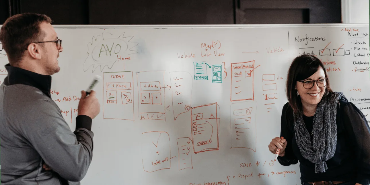 Team sketching on whiteboard during product blueprint session