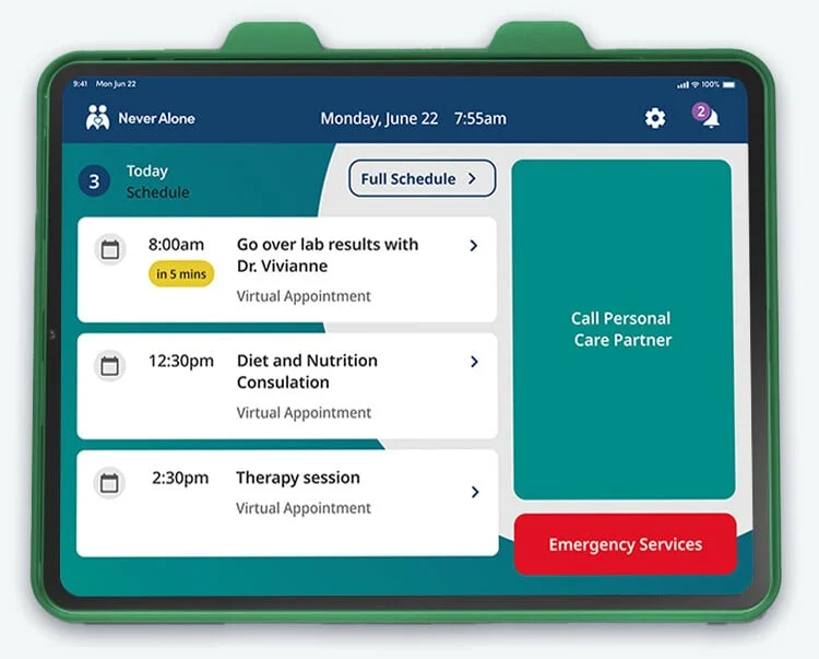 NeverAlone patient care tablet showing daily schedule, virtual appointments, and emergency services