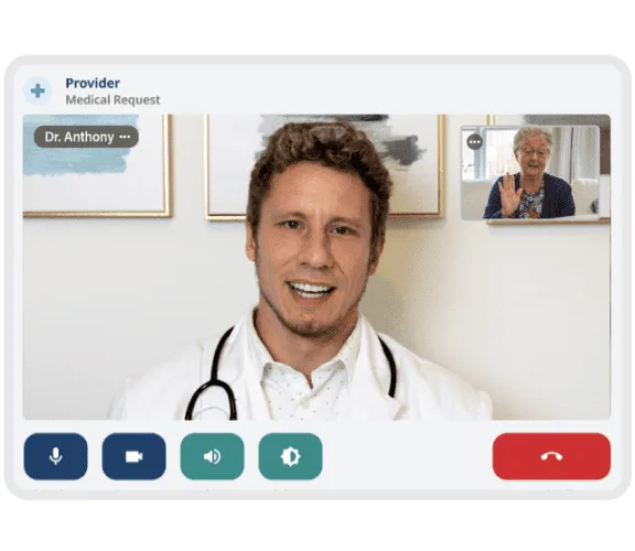 NeverAlone virtual care interface showing a provider video call with a senior resident