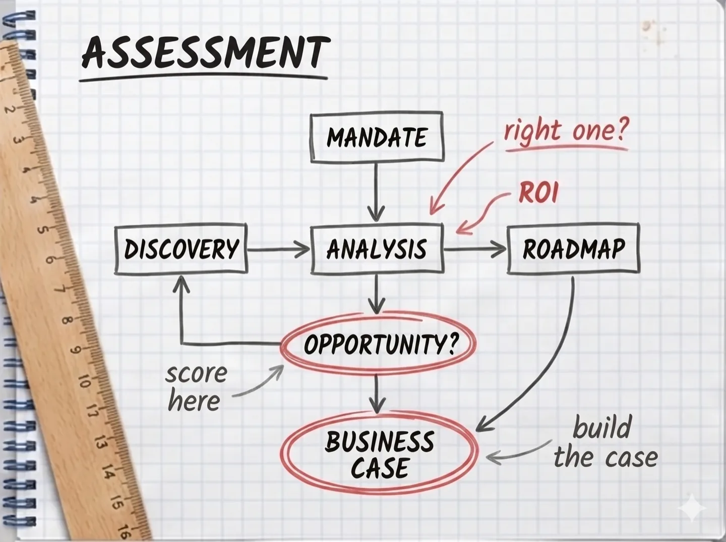 Assessment workflow sketch: mandate to discovery, analysis, roadmap, opportunity, business case