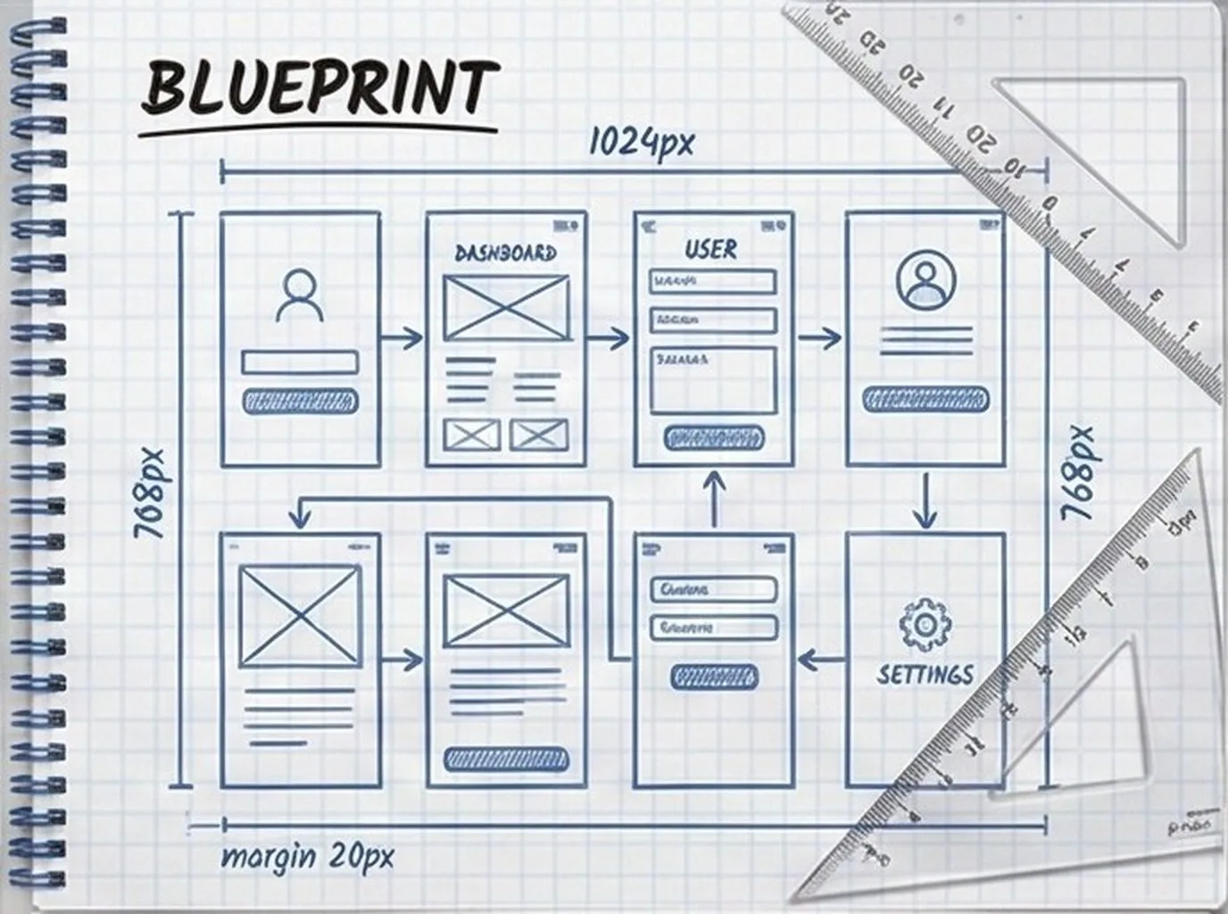 Blueprint — scientific sketch of product wireframes