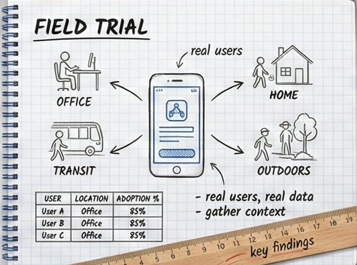 Field Trial — scientific sketch of MVP user testing