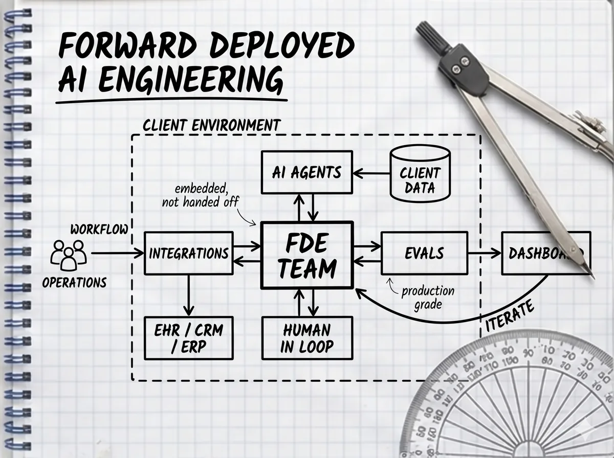 Hand-drawn architecture sketch of an embedded AI engineering team connecting agents, evals, integrations, and human review to client systems.